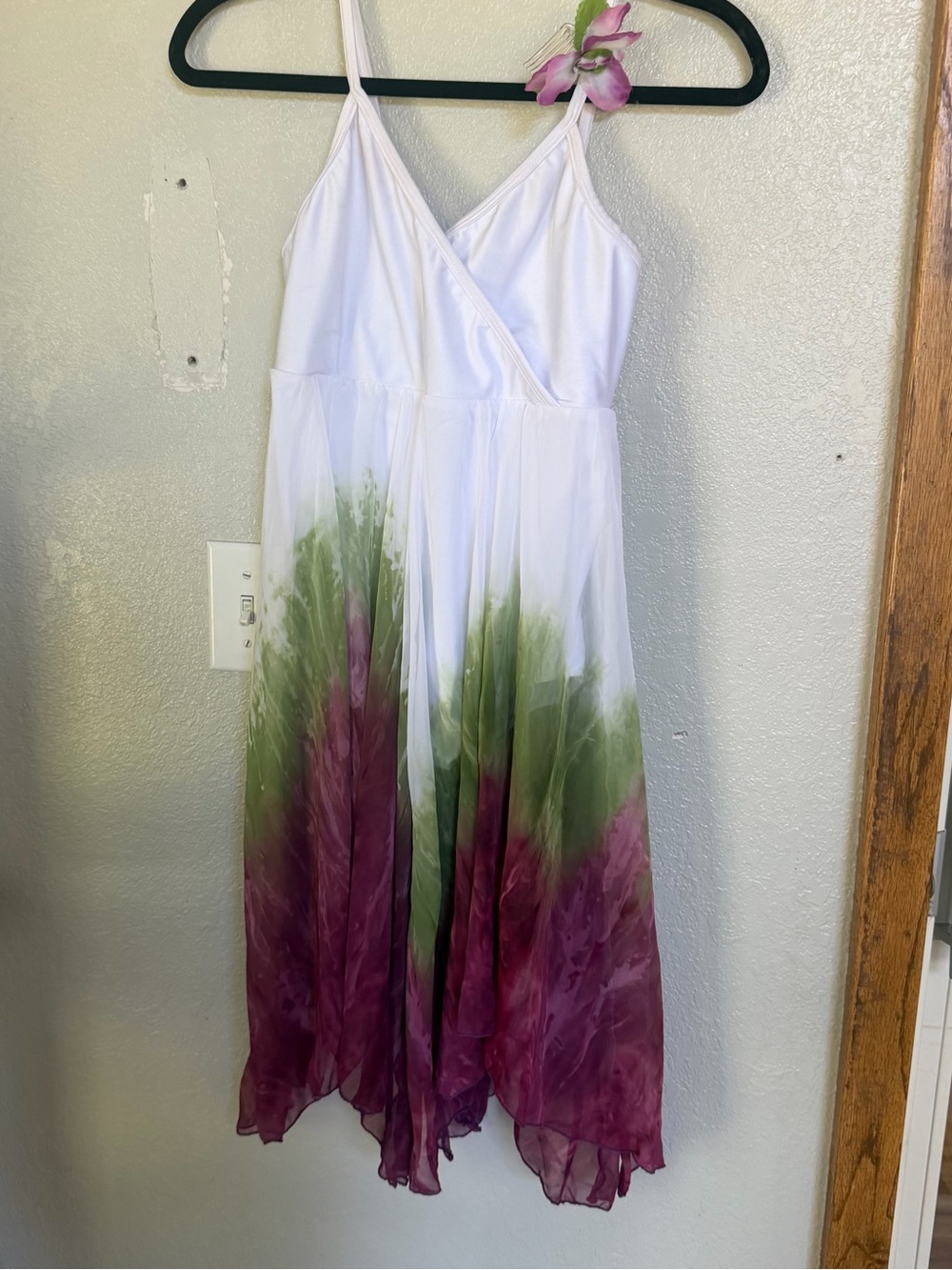 White Spaghetti-Strap Tie-Dye Maxi Dress with Green & Purple Ombre